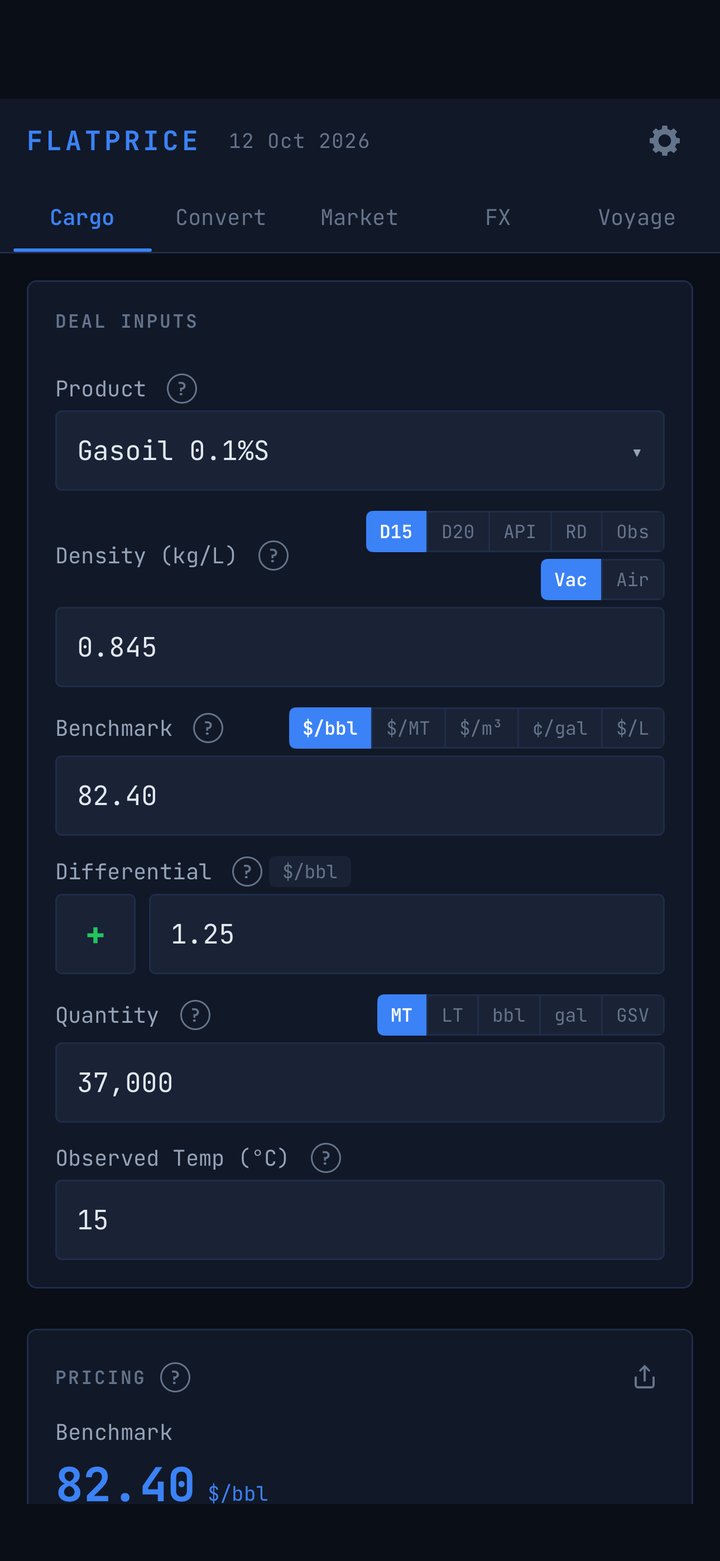 FlatPrice Cargo tab with deal inputs: Gasoil 0.1%S, benchmark 82.40 dollars per barrel, differential plus 1.25, 37,000 metric tons